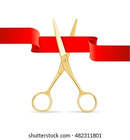 Gold Scissors Cut Red Ribbon. Opening Ceremony concept. Vector illustration of tradition ceremonies 