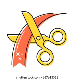 Gold scissors cut the red ribbon. Grand opening. Vector illustration.