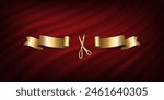 Gold scissors cut ribbon at grand opening ceremony vector illustration. 3d realistic luxury banner on red royal curtain mantle background. Traditional ritual of launching new business, inauguration.