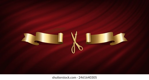 Tijeras de oro cortadas en la Ilustración vectorial de la ceremonia de inauguración. Anuncio de lujo realista 3d en el fondo rojo del manto de la cortina real. Ritual tradicional de lanzamiento de nuevos negocios, inauguración.