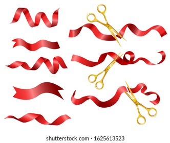 Gold scissors cutting red ribbon set, different angles. Opening ceremony silk fabric tape swirls collection. Official startup symbol, ceremonial celebration. Realistic vector illustration on white.