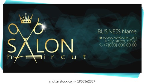 Gold Scissors With Hair Curl And Crown, Business Card For Beauty Salon