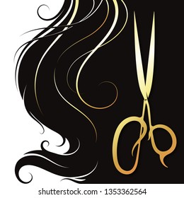 Gold scissors and hair curls design for a beauty salon