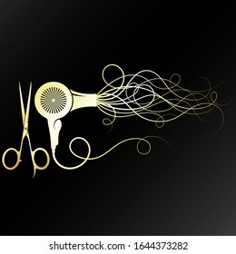 Gold Scissors And Hair Dryer With Curls Of Hair Design For A Beauty Salon