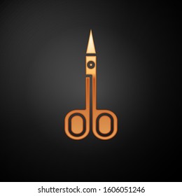 Gold Scissors icon isolated on black background. Cutting tool sign.  Vector Illustration
