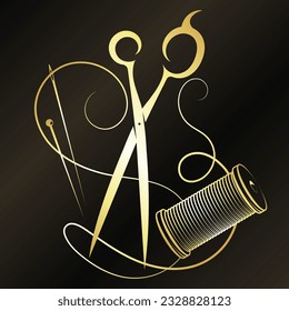 Gold scissors needle and thread and spool. Design for seamstress and tailor