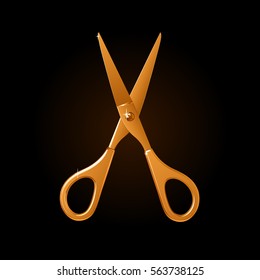 Gold scissors on a black background with light and glare