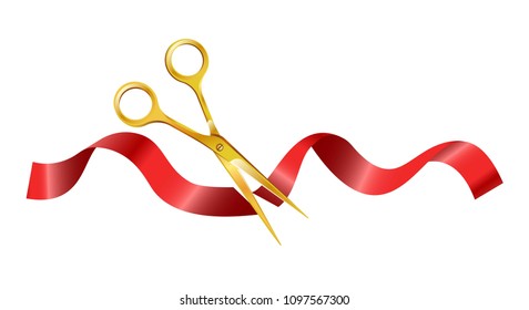 Gold scissors that cut ceremonial red silk ribbon