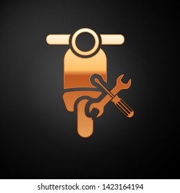 Gold Scooter with screwdriver and wrench icon isolated on black background. Adjusting, service, setting, maintenance, repair, fixing.  Vector Illustration