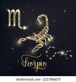 Gold Scorpio zodiac sign poster with scorpion zodiac figure, symbol glyphs, constellation and zodiac name on black background. Glowing low polygonal style. Modern abstract design vector illustration