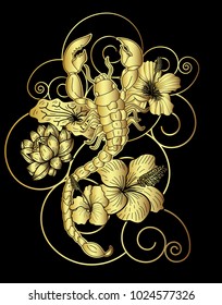 Gold Scorpion tattoo with flower Japanese style.Design For Golden background.Hibiscus flower with cherry blossom and lotus tattoo.Zodiac sign of Scorpio.