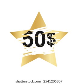 Gold scratch card surface in star shape with scraped texture and 50 dollars winning text. Winner lottery, sale coupon, jackpot scratchcard template. Vector illustration.