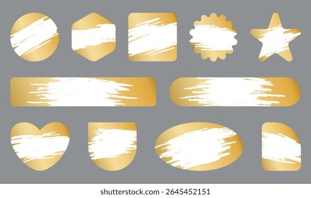 Gold scratch effect. Lottery ticket stickers, winning places, erasable paint layers, different shapes, gambling or promotional marketing winner prize game, empty frame, qualitative vector set