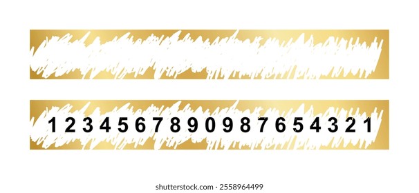 Gold scratchcard surfaces in rectangle shapes with scraped textures and numbers underneath. Raffle, lottery, sale coupon or promo code card templates. Vector illustration.