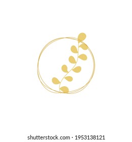 Gold scribble circles. Circular outline vector image. Golden rings with gentle twig. Gold doodle circles. Vector round curves. Logo element template. Editable geometric element isolated on white.