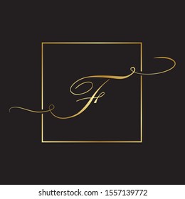 Gold Script Letter F Inside Square Frame