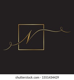 gold script letter n, inside square frame