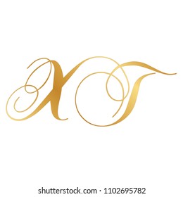 gold script letters x and t, luxury monogram 