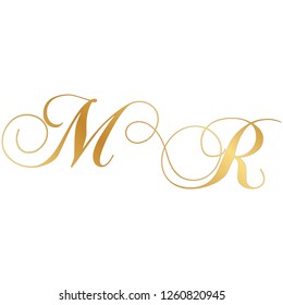 gold script monogram, letter m and letter r