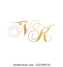 gold script monogram, letter n and letter k