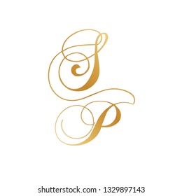 gold script monogram, letter s and letter p