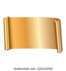 Gold scroll isolated on white background. Golden paper roll banner 3D. Ribbon design for Christmas frame, New Year decoration, curved retro border. Smooth realistic texture Vector illustration