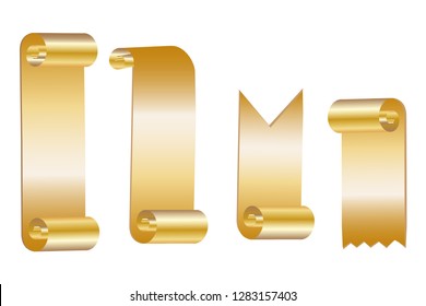 Gold scroll set isolated on white background. Golden paper roll banner 3D. Ribbon design for Christmas frame, New Year decoration, curved retro border. Smooth realistic texture Vector illustration