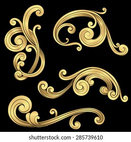 Gold Scrolls Set - Four detailed gold scrolls on black background.  Gold gradients are just 3 global colors, so file can be recolored easily.  Elements are grouped separately for easy editing.