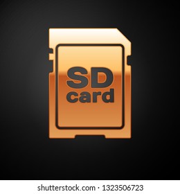 Gold SD card icon isolated on black background. Memory card. Adapter icon. Vector Illustration