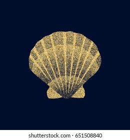 Gold sea shell vector illustration isolated on dark blue background with golden glitter confetti texture. Pearl scallop, oceanic or marine mollusk cockleshell graphic design. Jewelry or holiday symbol