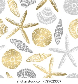 Gold sea stars seamless vector print. Aloha, Hawaii, party. Hand drawn elements. Home decor. Textile design. 