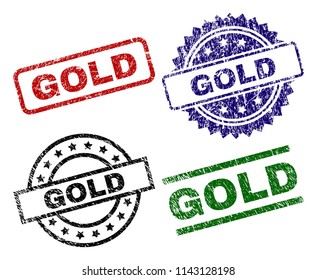 GOLD seal prints with corroded texture. Black, green,red,blue vector rubber prints of GOLD caption with dust texture. Rubber seals with circle, rectangle, rosette shapes.