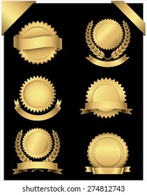 Gold Seals and Corners - Set of 6 different gold seals with banners and wreaths, and 2 gold corner banners.  Colors are just a few global swatches, so they can be modified easily.  