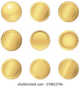 Gold Seals - Set of 9 different gold seals.  Each seal is grouped separately for easy editing.  Colors are just a few global swatches, so they can be modified easily.  