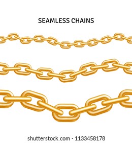 Gold seamless chain set isolated on white background. Vector illustration.