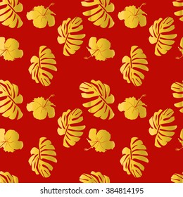 gold Seamless exotic pattern with tropical leaves and flowers on a red background. Hibiscus, palm. Vector illustration.