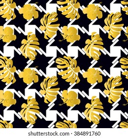 gold Seamless exotic pattern with tropical leaves and flowers. Hibiscus, palm. Vector illustration.