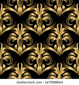 Patrón dorado floral sobre fondo negro, papel tapizado sin costura