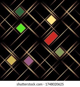 Gold seamless geometric pattern on a black background. Multi-colored squares and golden lines
