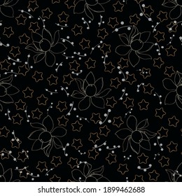 Gold seamless hand drawing. Floral background with gold lotuses and stars on a dark background. Baby texture.