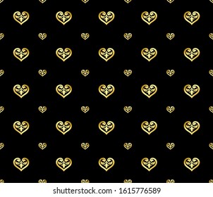 Gold seamless heart pattern ornaments, Elegant both large and small on a black background. - Vector illustration.