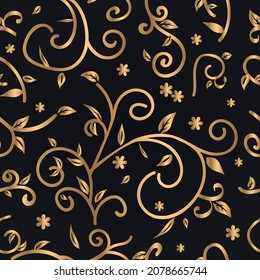 Gold seamless pattern of abstract flowers, leaves. Vector illustration
