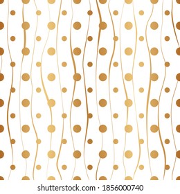Gold seamless pattern. Abstract golden background. Geometric wavy line and dot. Modern stylish texture. Irregular twist stripes and dots for design gift wrappers, wallpapers, cases, prints. Vector 