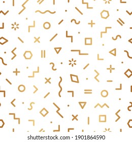 Gold seamless pattern. Abstract golden geometric background. 
Repeated pattern for design prints. Modern hipster element. Repeating graphic shapes circle, line, square, triangle. Fashion shape. Vector