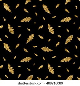 Gold seamless pattern autumn leaves oak, hand painted golden shiny autumn background of falling leaf, vector design for fabric, textile, wrapping paper, card, invitation, wallpaper, web design
