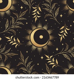 Gold seamless pattern and boho astrology. Mystical and bohemian symbols of the crescent and stars.