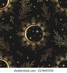 Gold seamless pattern and boho astrology. Mystical and bohemian symbols of the crescent and stars.