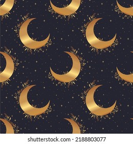 Gold seamless pattern and boho astrology. Mystical and bohemian symbols of the crescent and stars.
