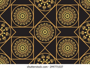 A gold seamless pattern for the card or invitation with Islam, Arabic, Indian or ottoman motifs. Vector illustration.