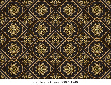 A gold seamless pattern for the card or invitation with Islam, Arabic, Indian or ottoman motifs. Vector illustration.